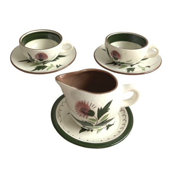 Stangl Pottery Thistle Pattern 6-Piece Set Teacups & Creamer With Saucers - Picture 1 of 5